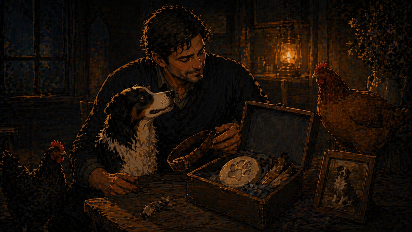 Illustrated quiet moment of remembrance — a person beside a candlelit table with a sleeping pet