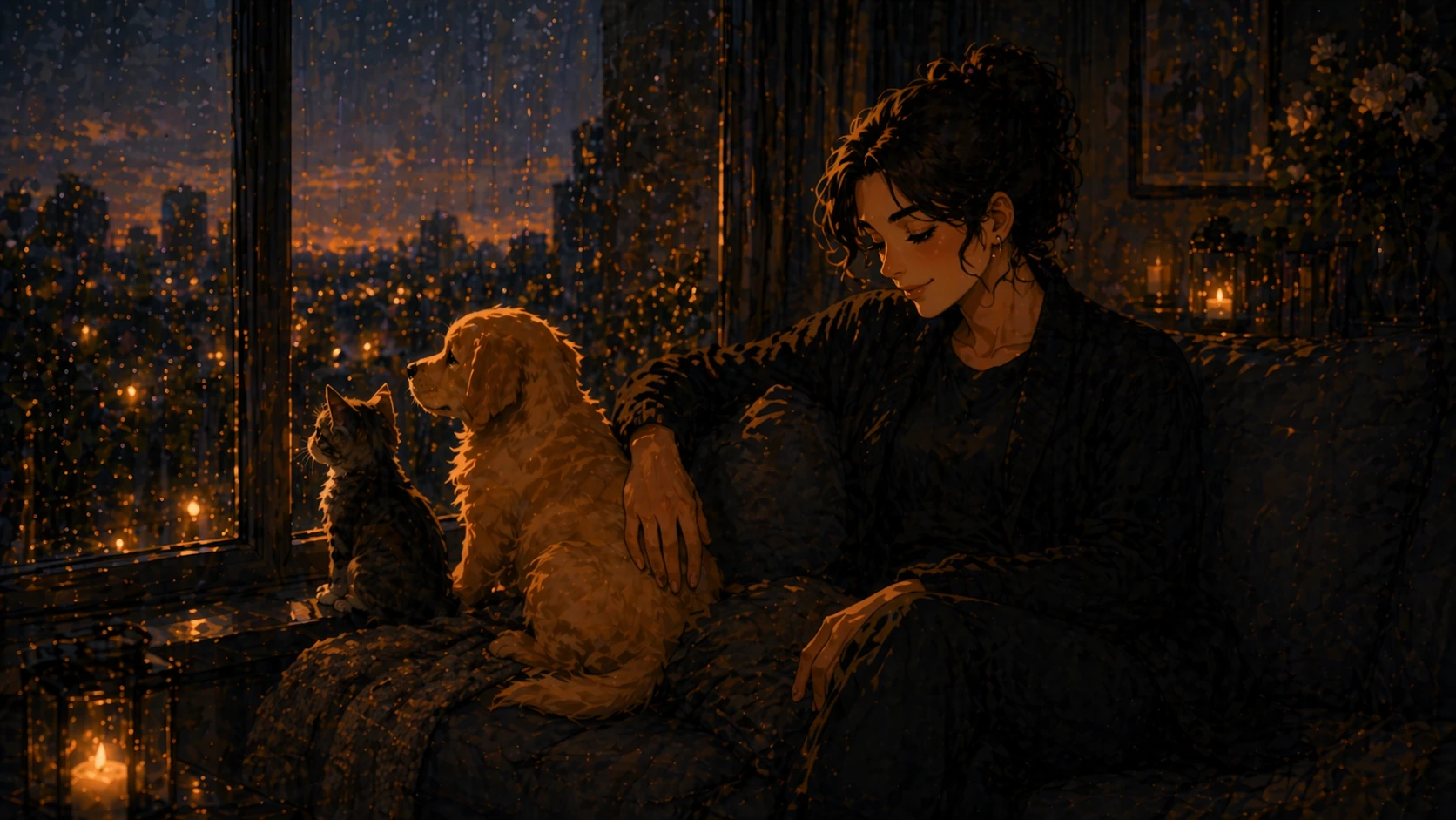 Illustrated cozy rainy evening at the window with a dog and cat