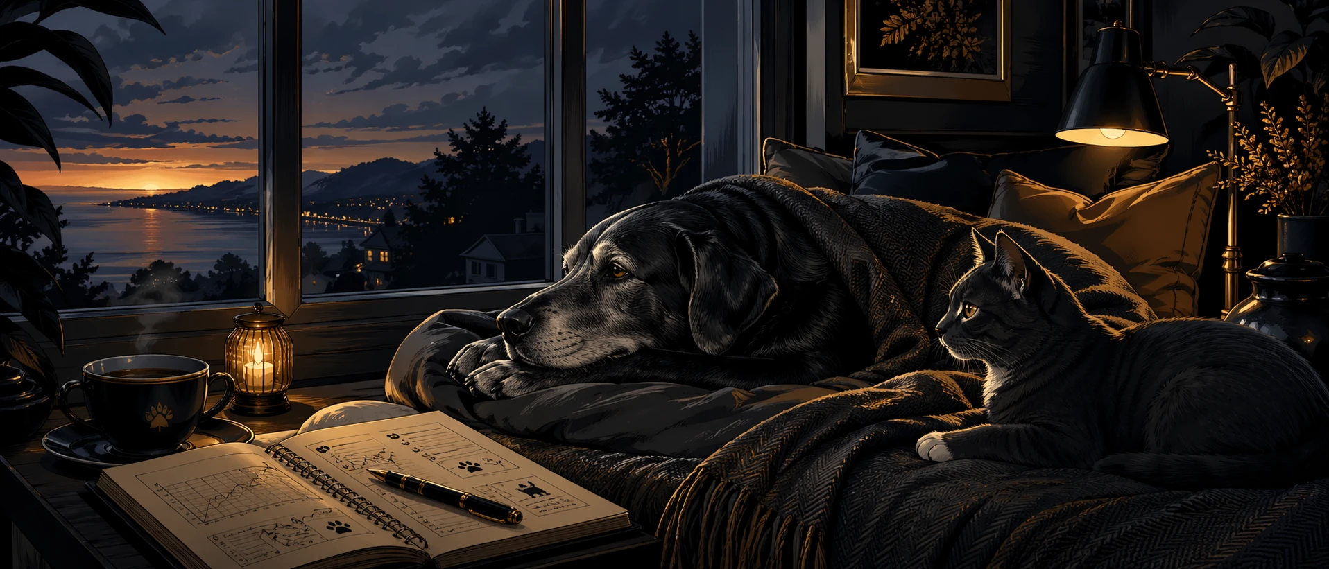 Illustrated quiet evening at a candlelit window with two dogs resting nearby