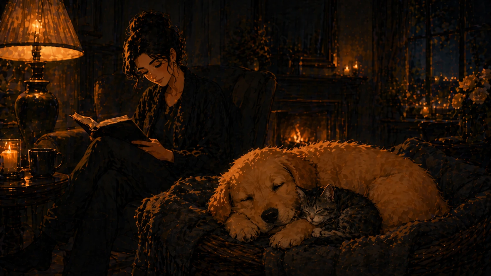 Illustrated person reading by lamplight with a sleeping dog and cat curled together