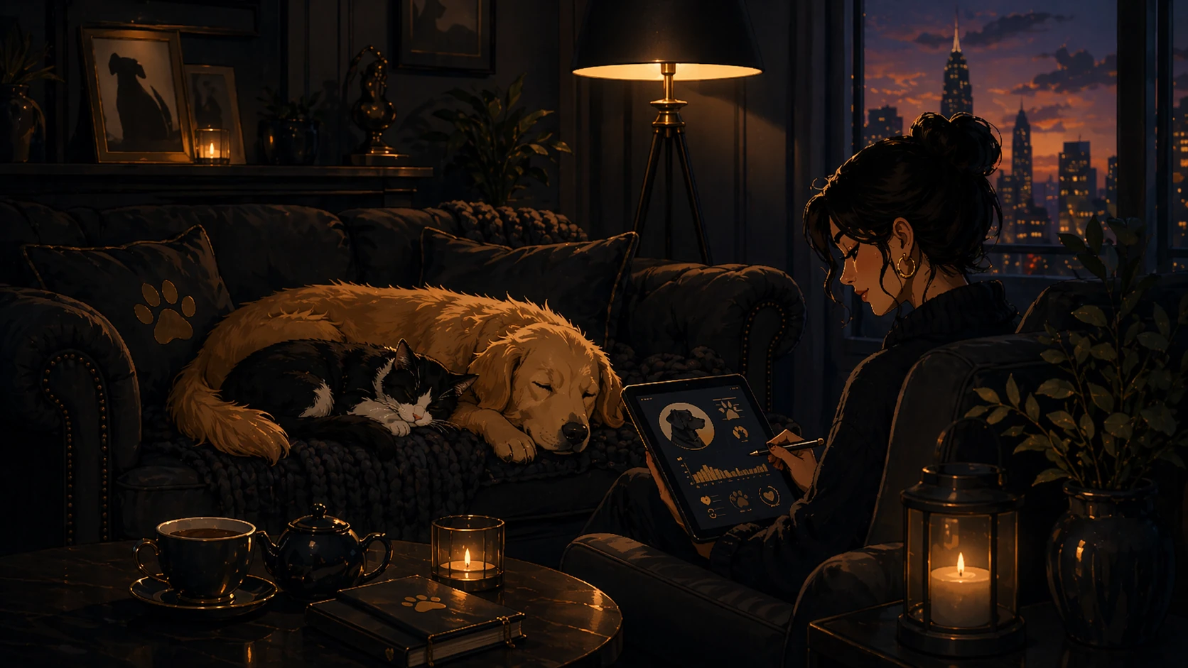 Illustrated serene evening with pets gathered in soft amber light