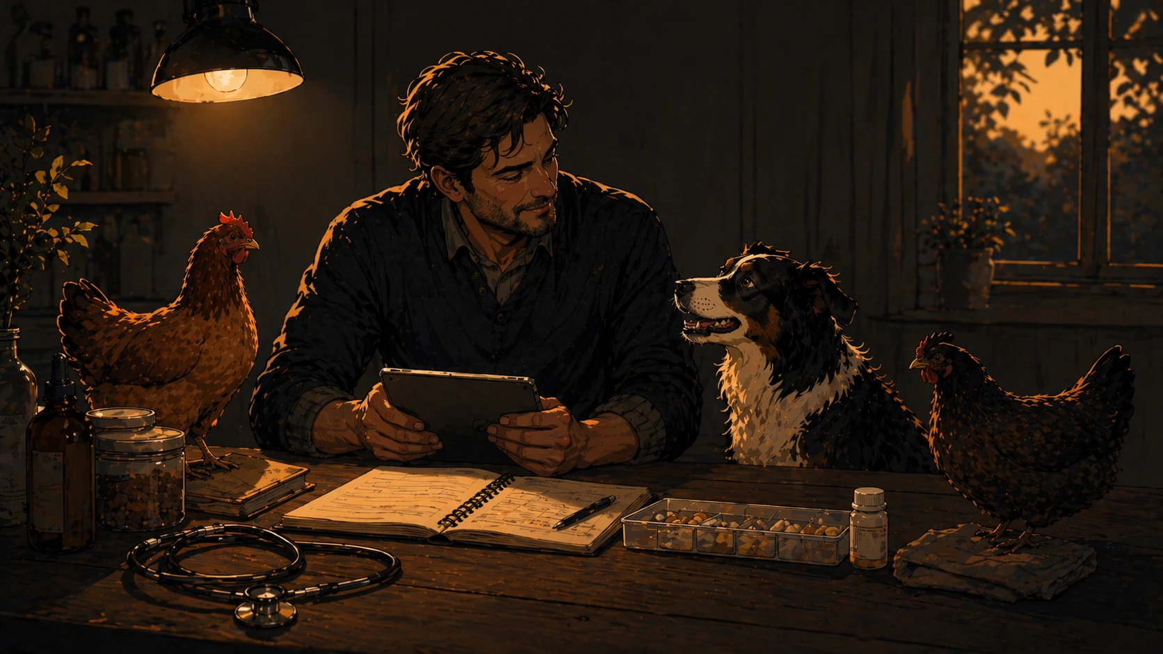 Illustrated farmhouse evening with care tools, charts, and pets at rest