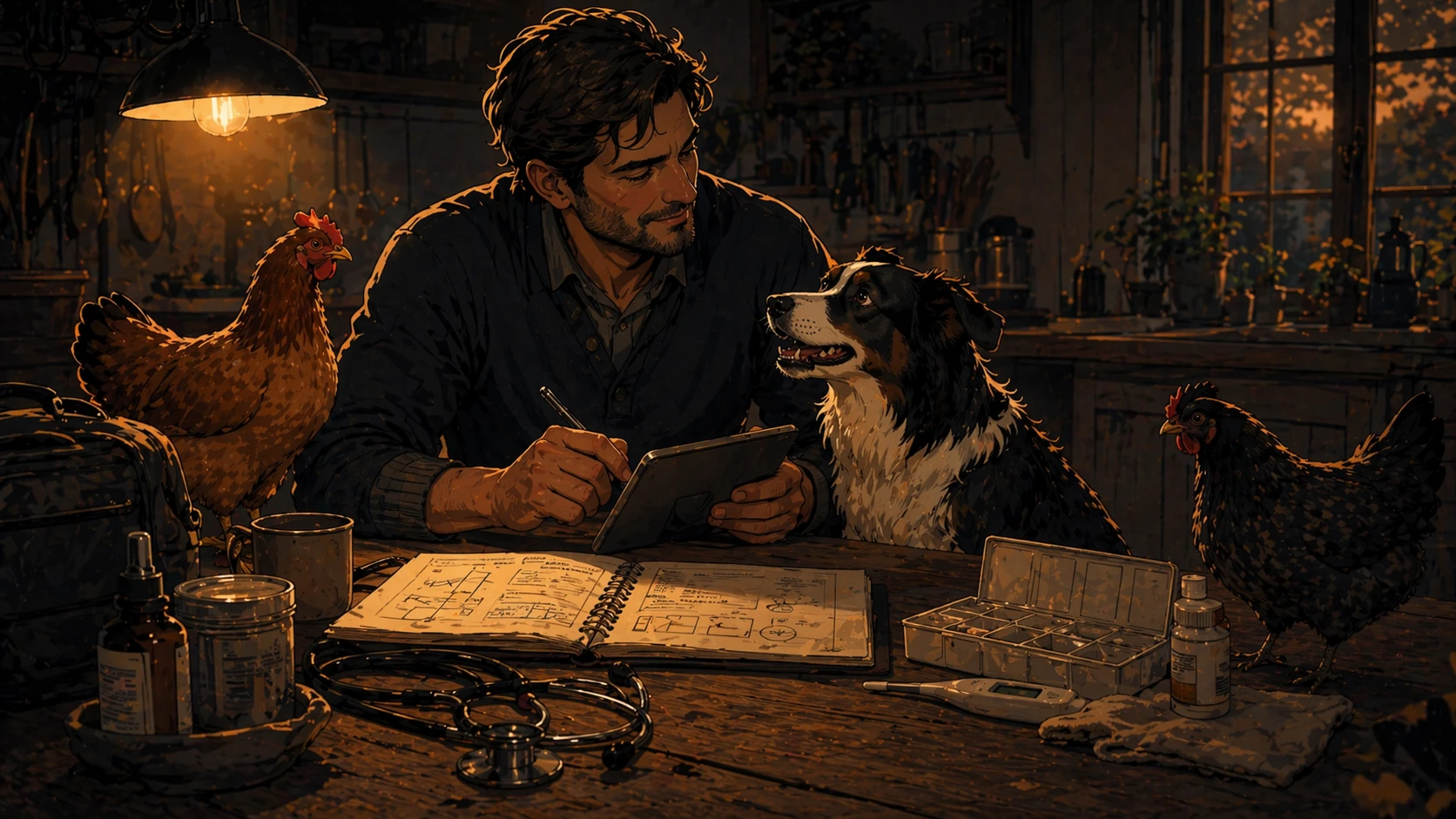Illustrated evening veterinary session in a warm farmhouse setting