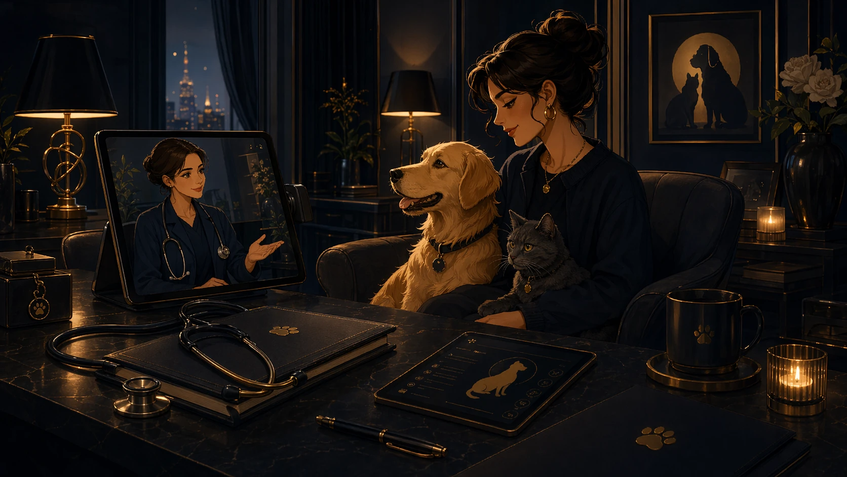 Illustrated cozy evening consultation with a vet, a person, and a quiet dog