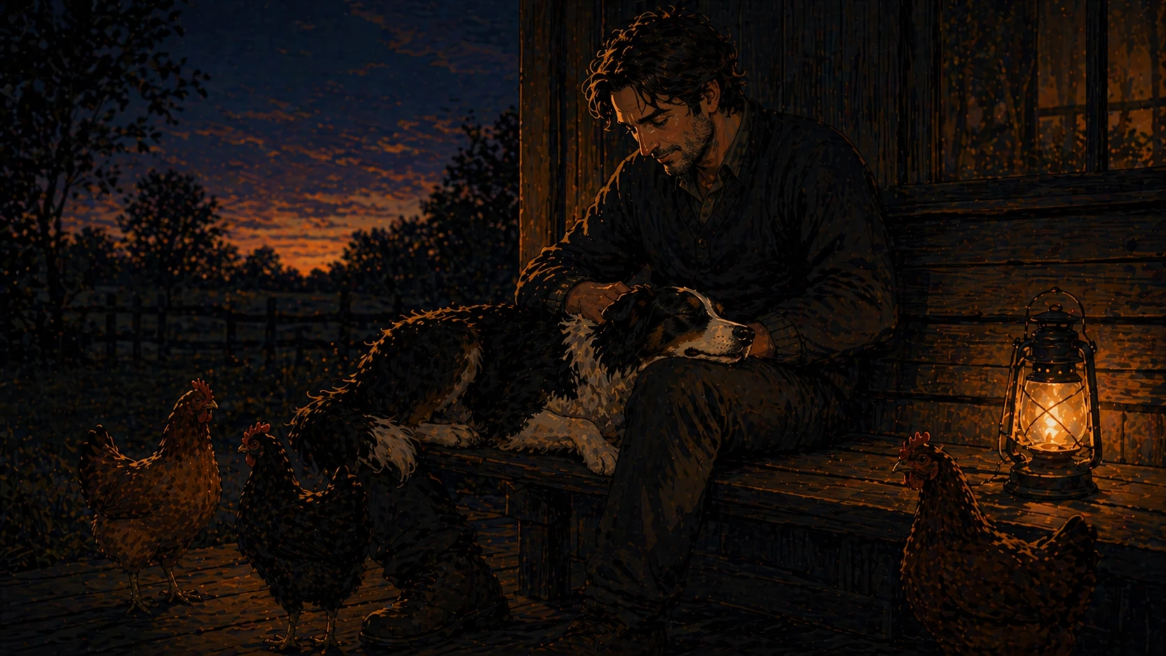 Illustrated rustic porch at golden hour with quiet animal companions