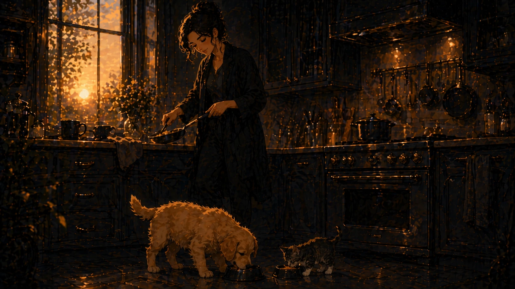 Illustrated golden-hour kitchen with a dog and cat at their bowls
