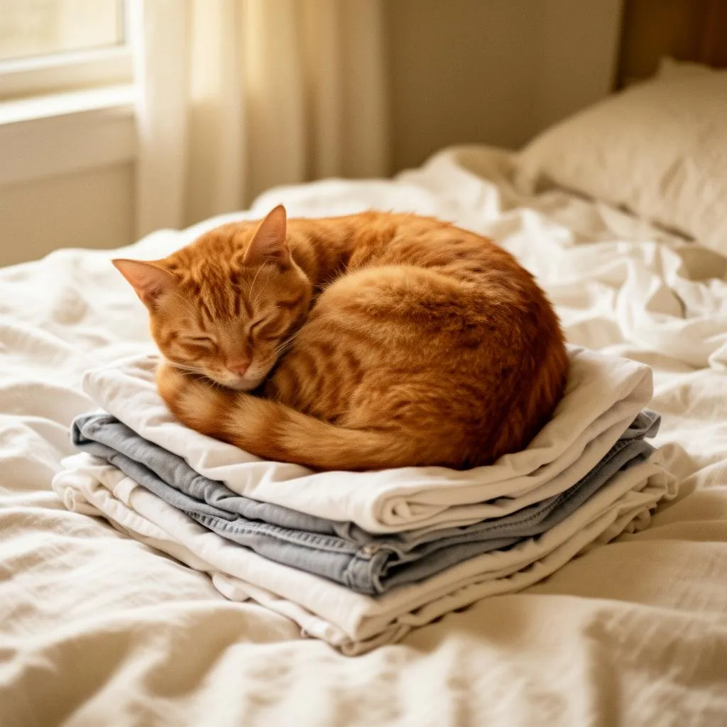 Orange tabby curled into a loaf on folded laundry