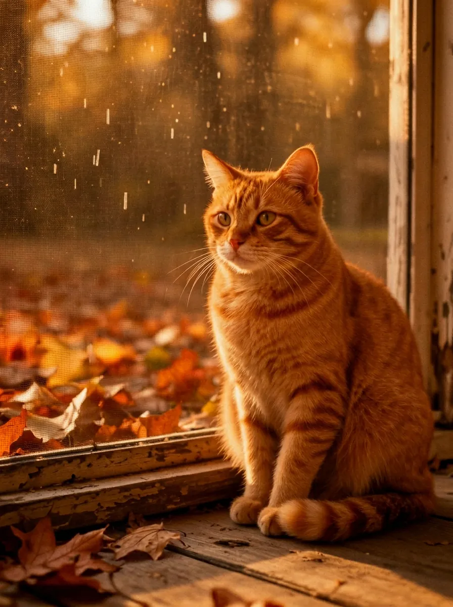 Orange tabby on a screened porch in autumn light