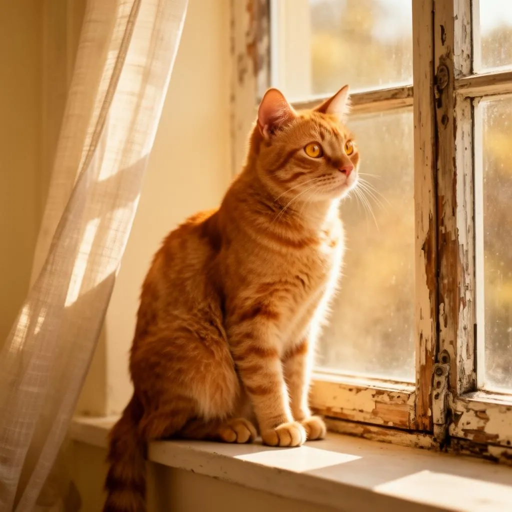 Orange tabby cat sitting on a sunny windowsill in soft afternoon light