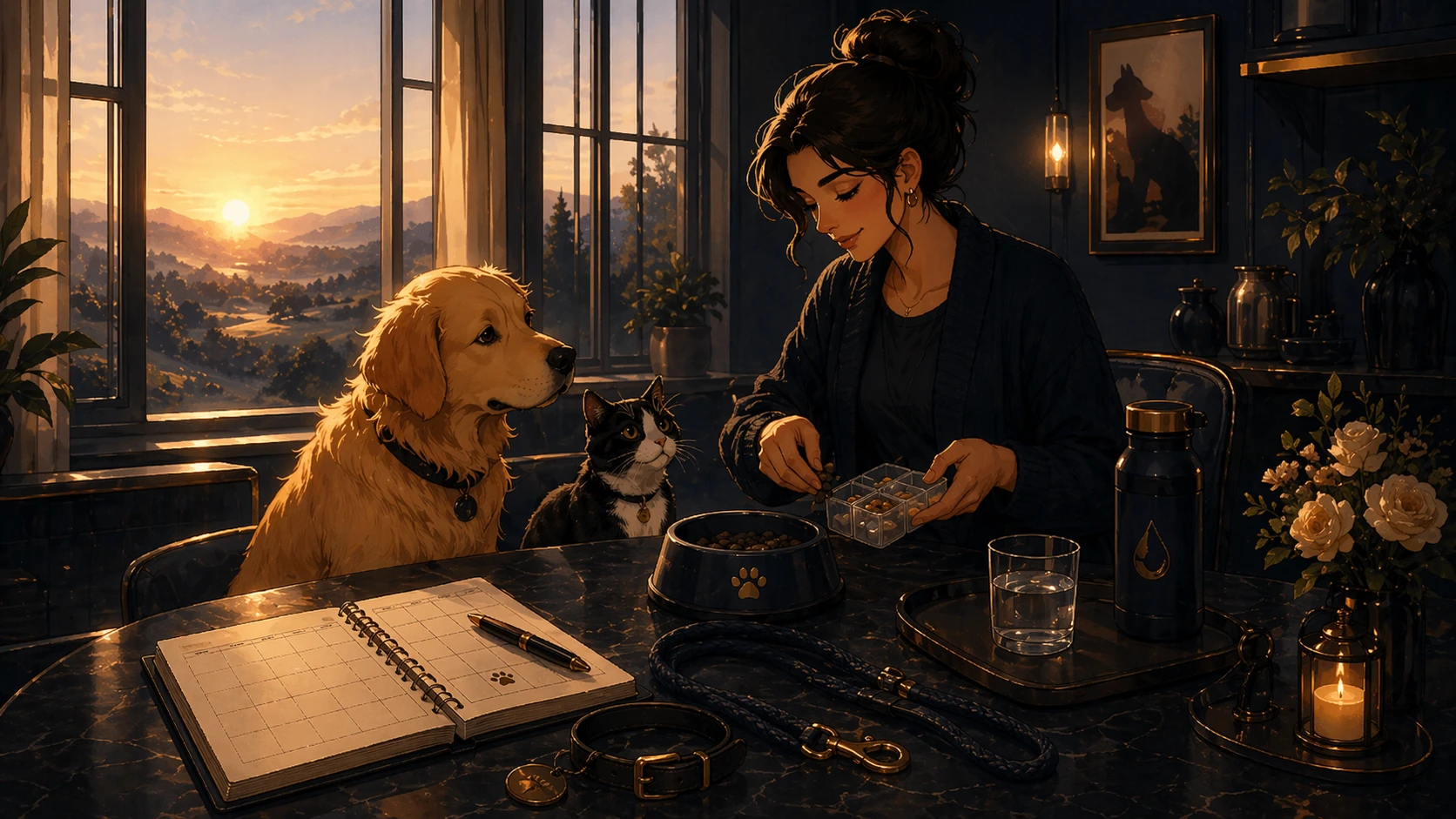 Illustrated sunlit morning routine with pets stretching in golden light