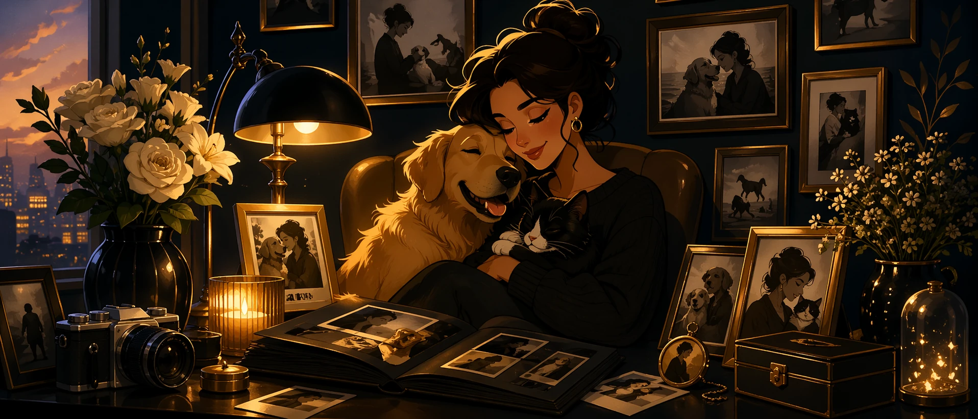Illustrated nostalgic embrace between a person and their dog in warm light