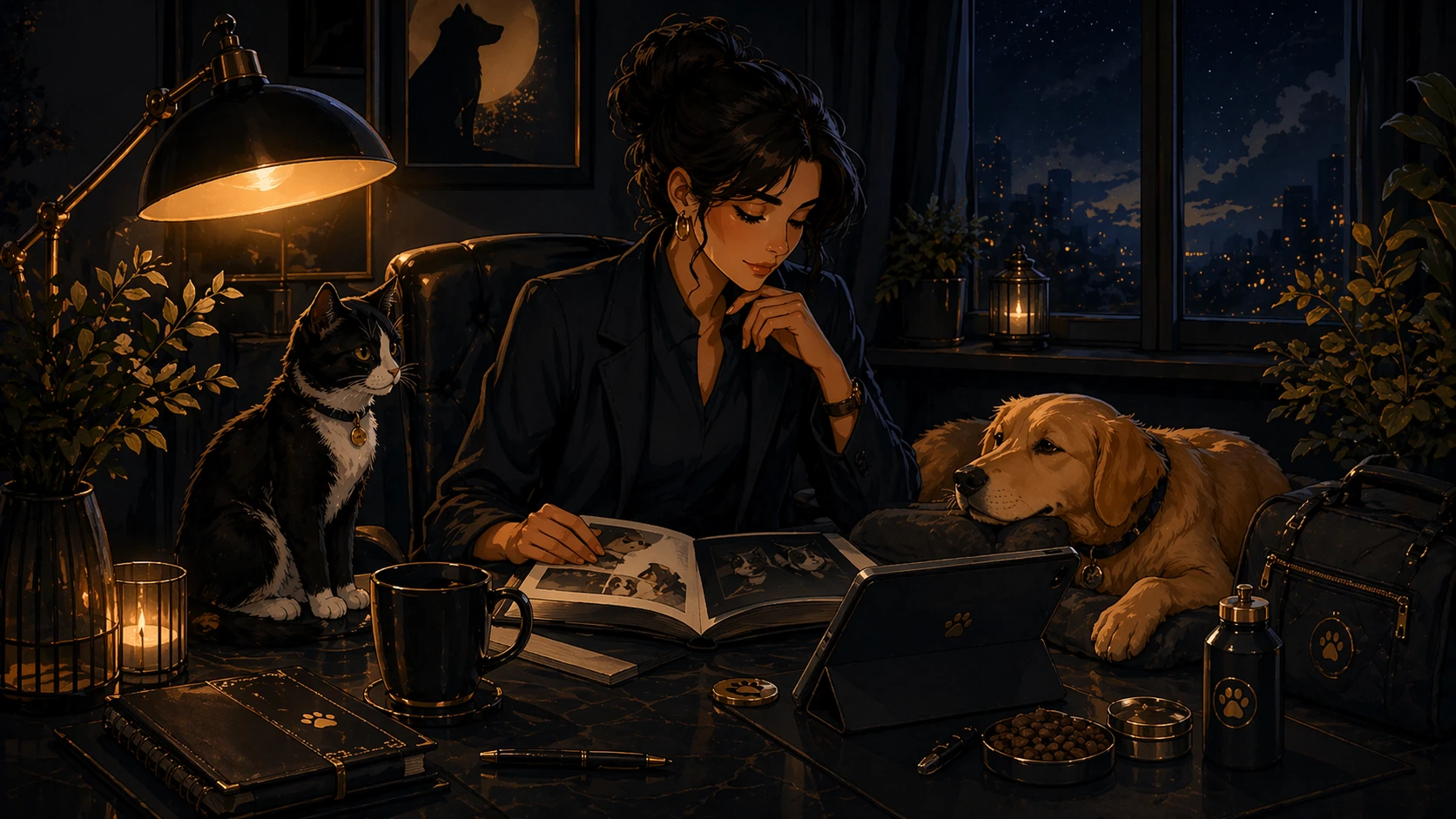 Illustrated quiet home study with pets curled near books and a lamp