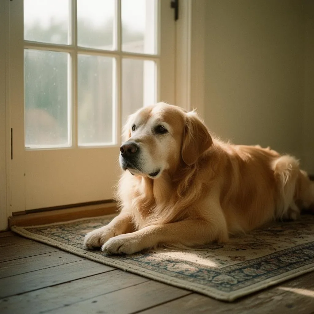 Painterly illustration of Sam, a senior golden retriever with a soft cream-gold coat and slightly grey muzzle, sitting calmly on a woven rug by an open front door in warm afternoon light
