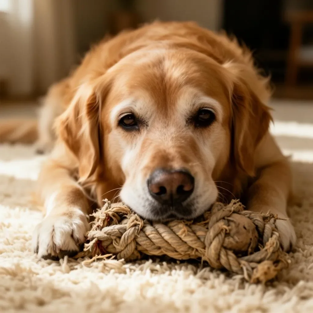 Painterly illustration of Sam, a senior golden retriever, lying on a worn rug with a frayed rope toy between his paws in soft warm interior light