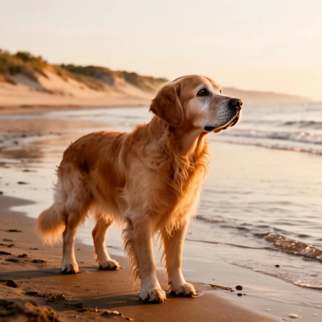Golden retriever on a New England shoreline at golden hour