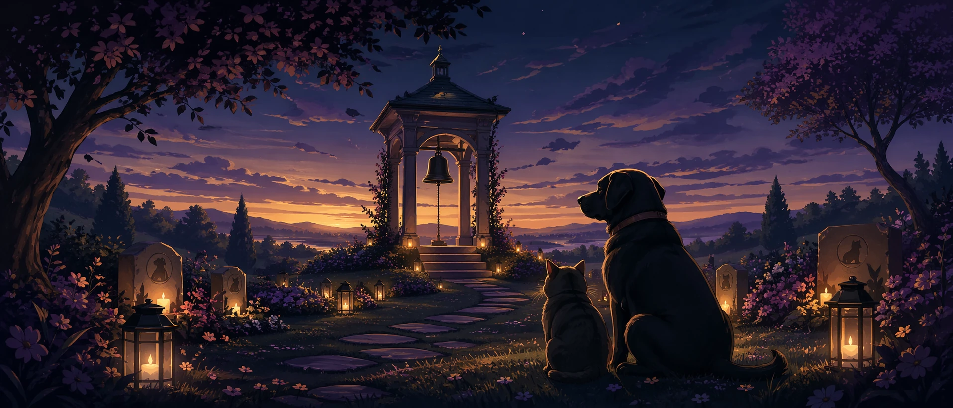 Illustrated twilight memorial garden with a bell pavilion, lanterns, and a dog and cat in silhouette