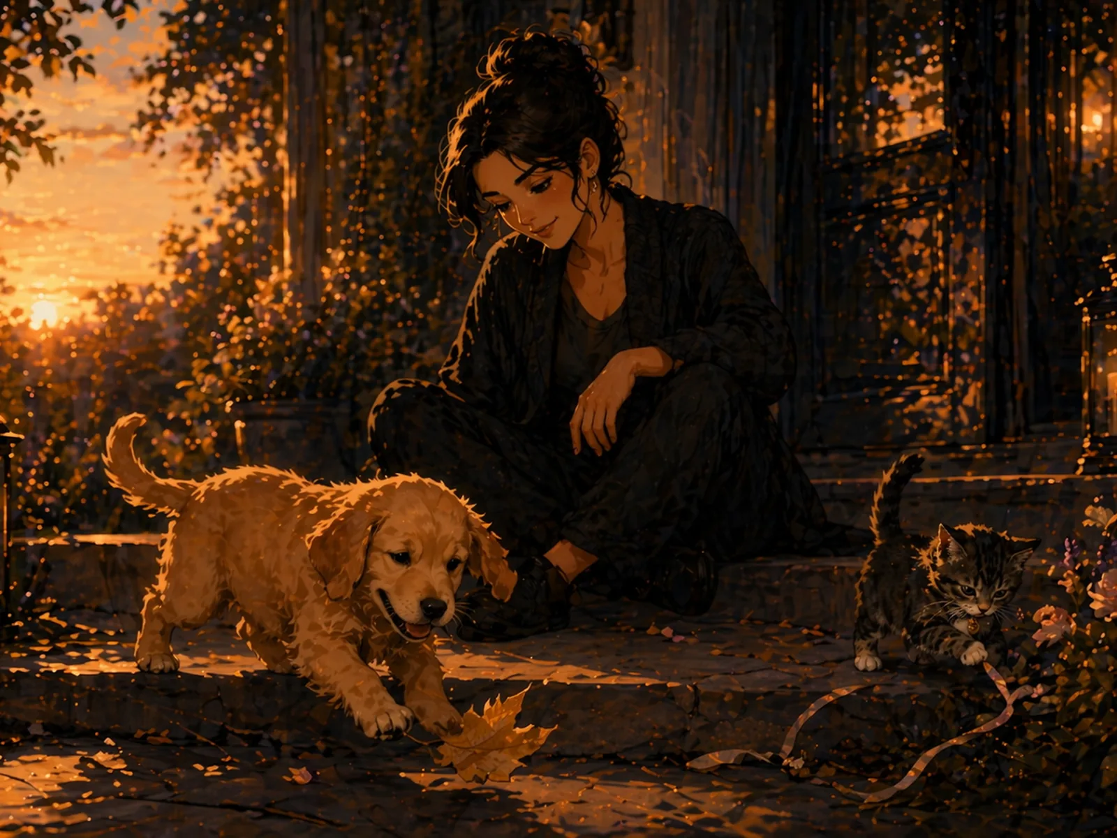 Illustrated golden-hour welcome — a person crouching with a curious golden retriever puppy and a tabby kitten on stone steps